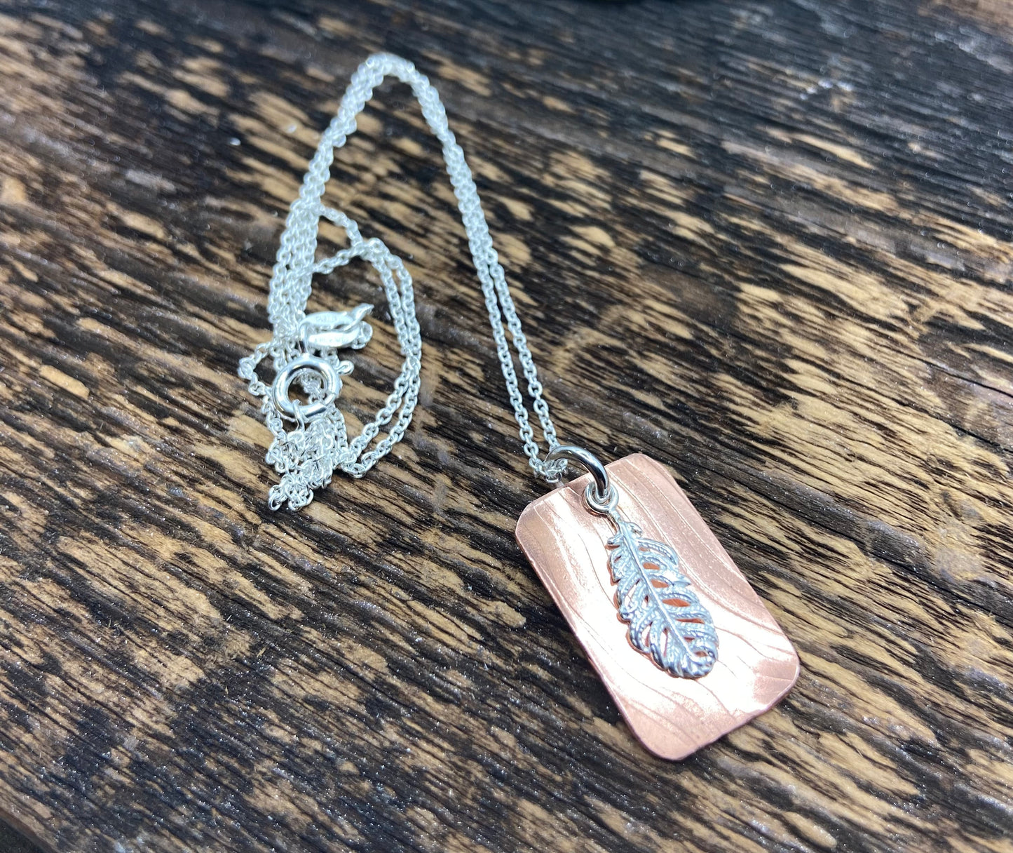 Textured Copper & Silver Feather Necklace
