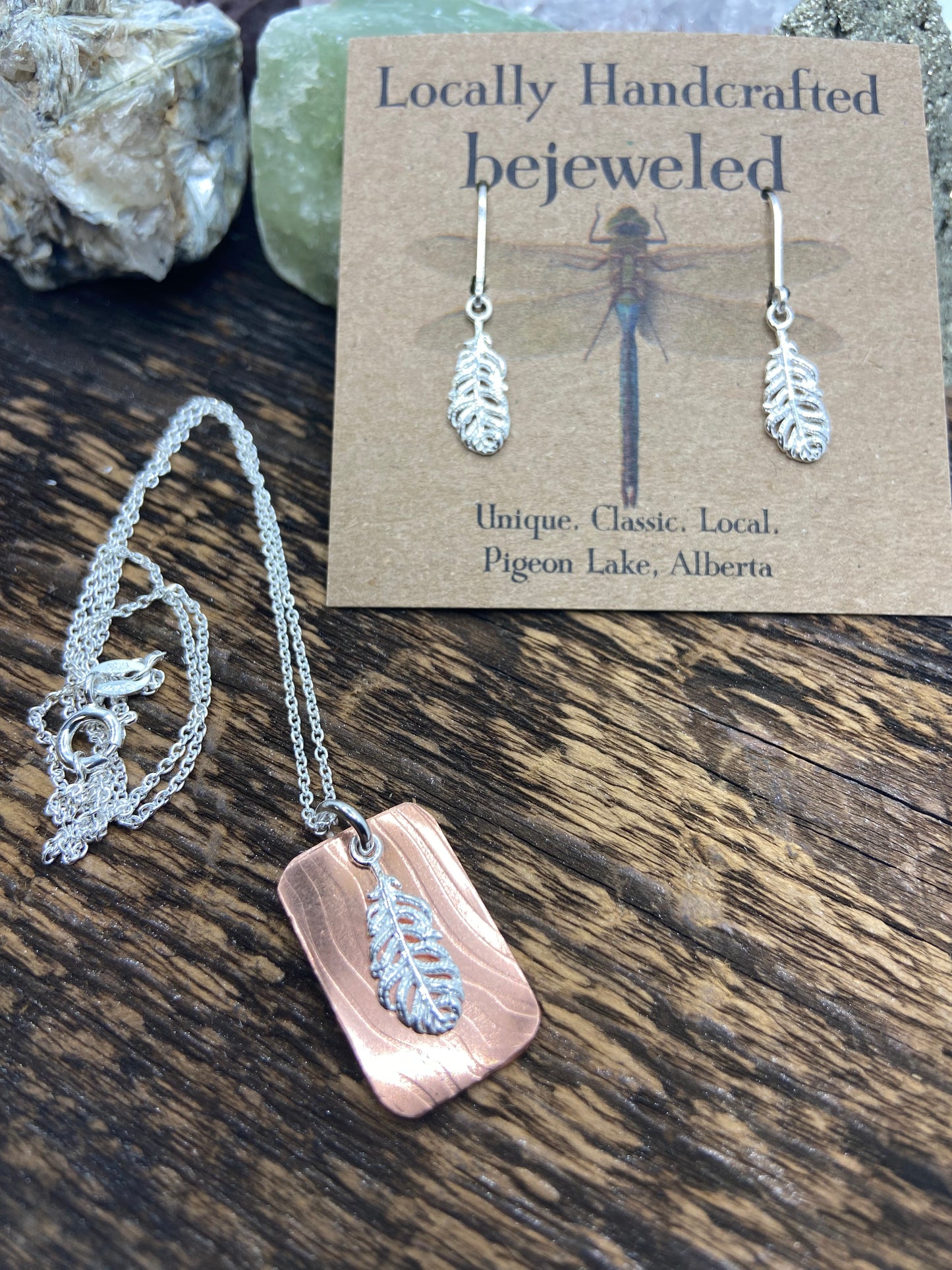 Textured Copper & Silver Feather Necklace