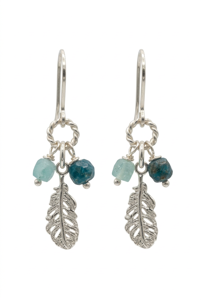 Aquamarine & Apatite Silver Feather Drop Earrings
