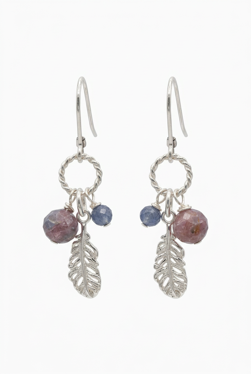 Tourmaline & Sapphire Silver Feather Drop Earrings