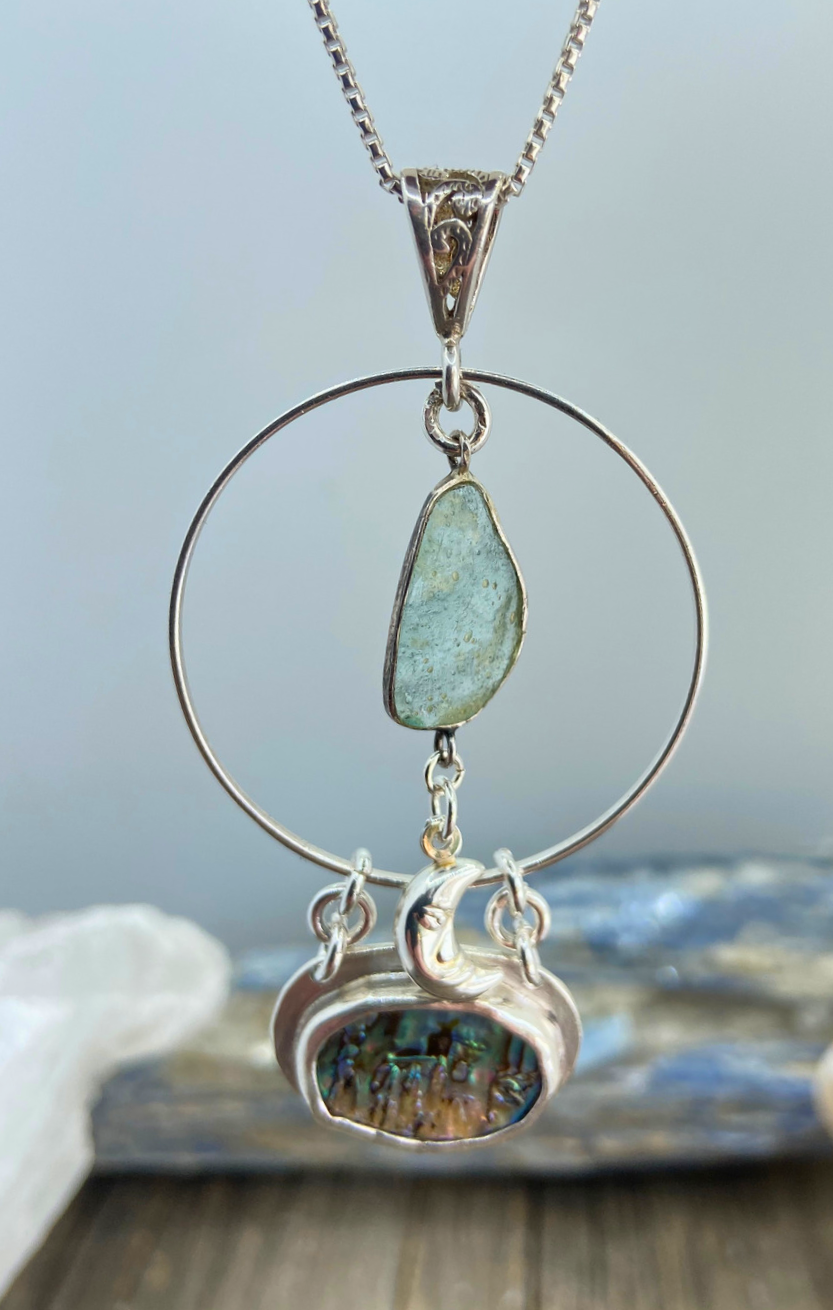 Abalone & Vintage Glass Pendant Necklace