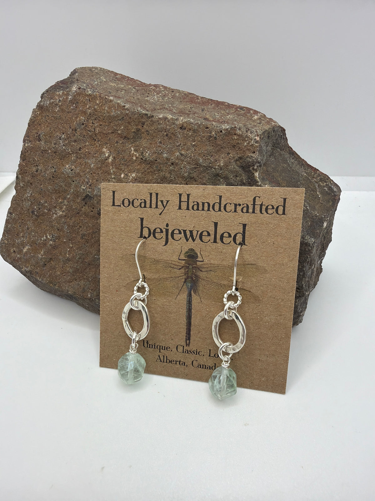 Fluorite oval drop earrings on Bejeweled card