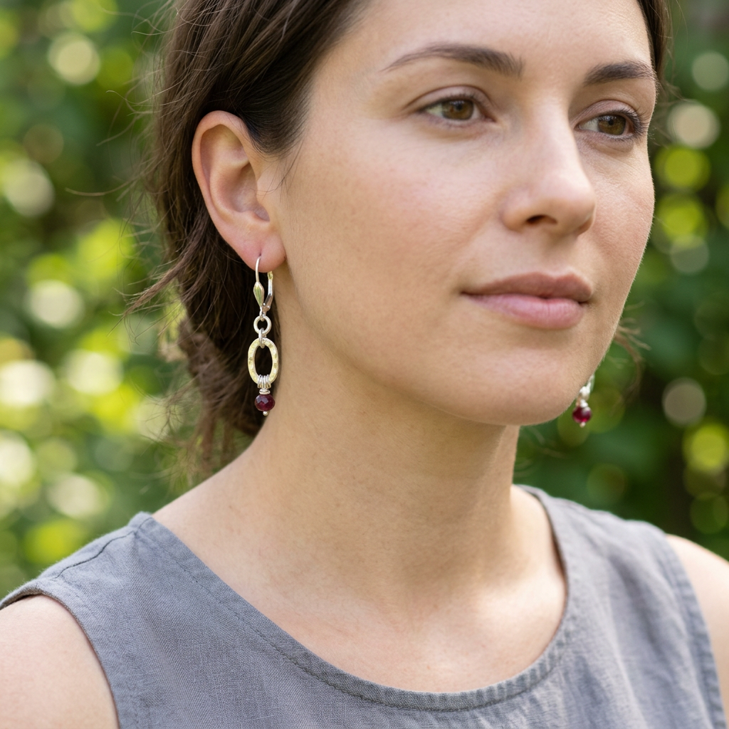 Hammered Silver Oval & Deep Red Ruby Earrings