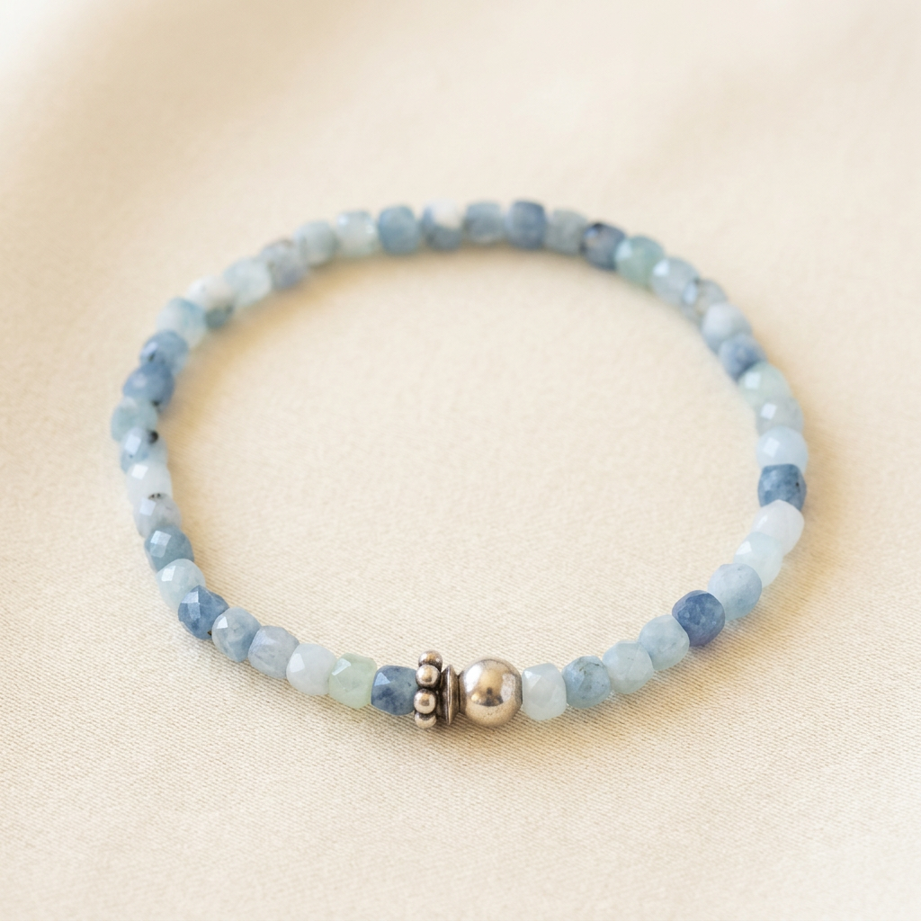 Sparkling Aquamarine Stretch Bracelet – Polished Silver Accent