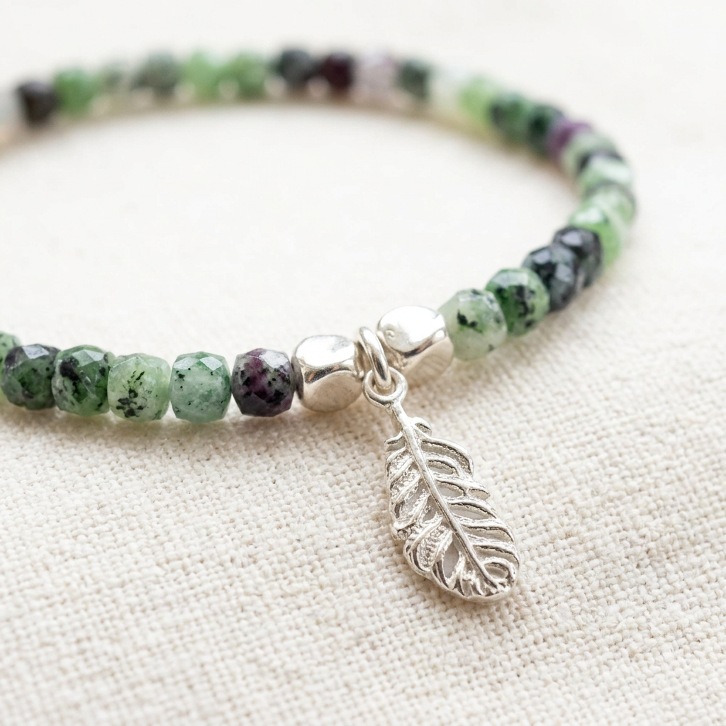 Sparkling Ruby Zoisite Stretch Bracelet – Leaf & Polished Accents