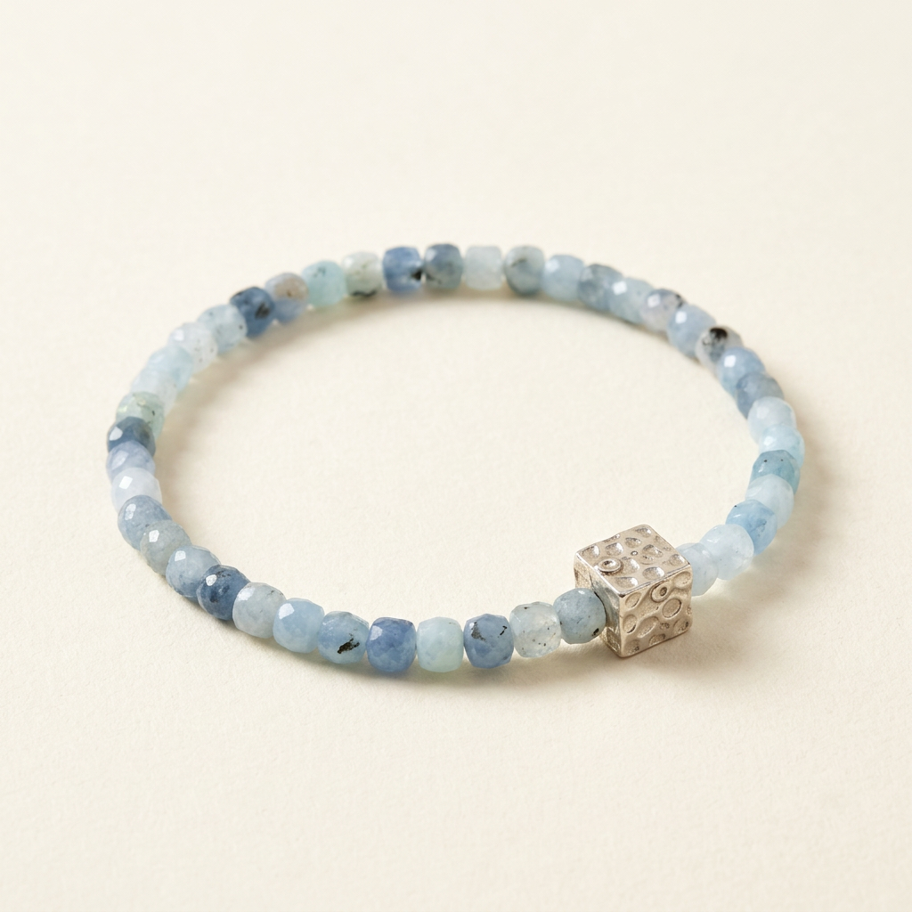 Sparkling Aquamarine Stretch Bracelet – Textured Square Accent