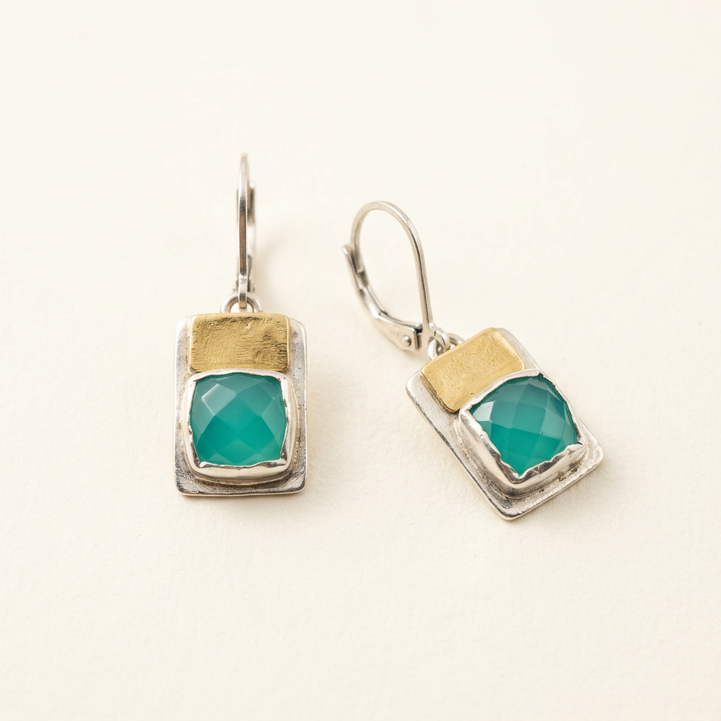 Two-Tone Chalcedony & Brass Earrings