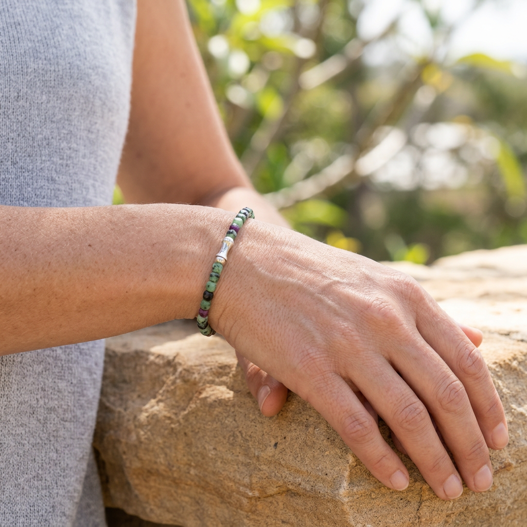 Sparkling Ruby Zoisite Stretch Bracelet – Sculpted Silver Accents