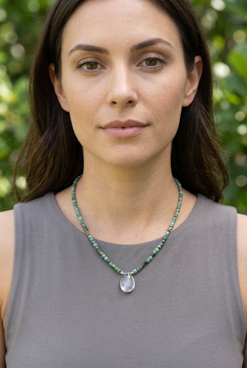 Faceted African Turquoise & Quartz Pendant Necklace.  One of a kind.