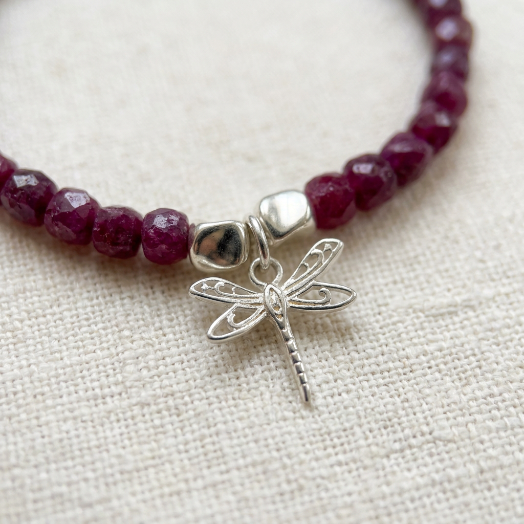 Ruby Stretch Bracelet with Dragonfly Charm