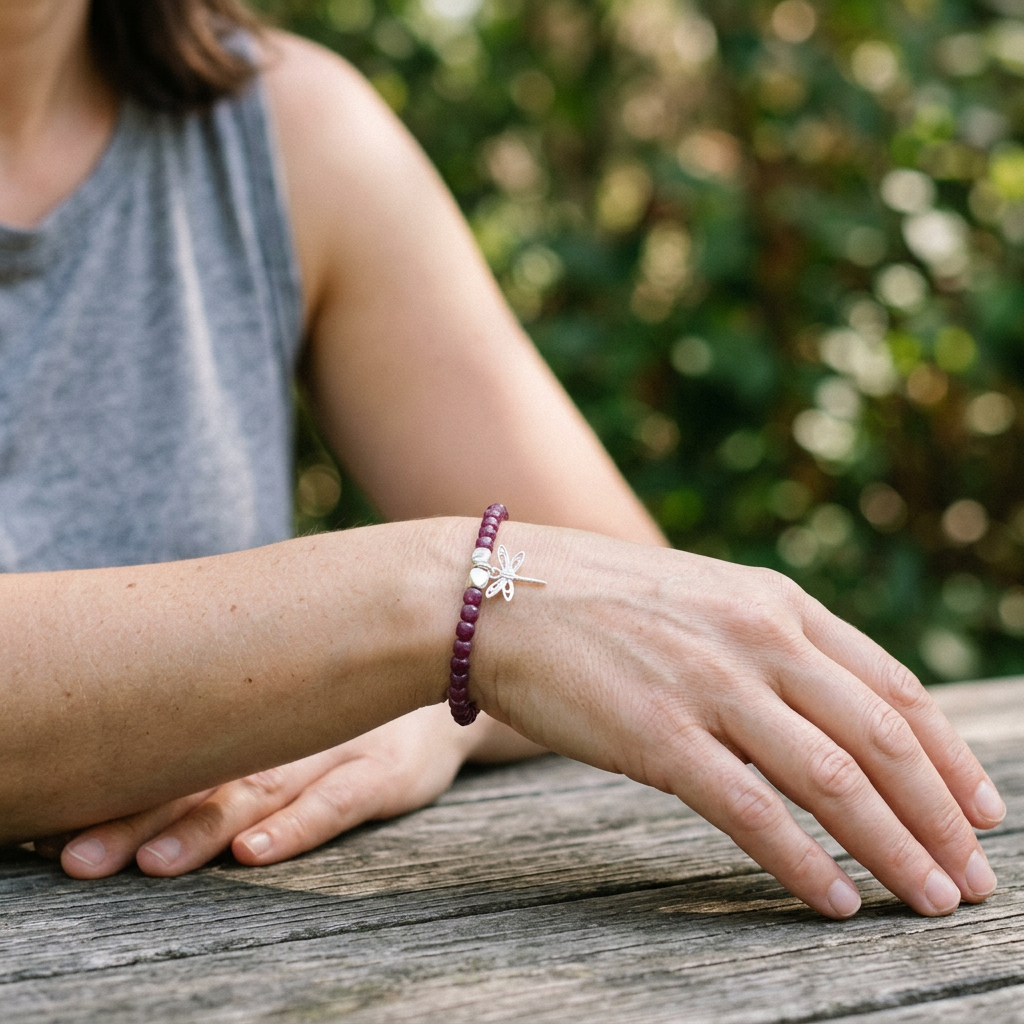 Ruby Stretch Bracelet with Dragonfly Charm