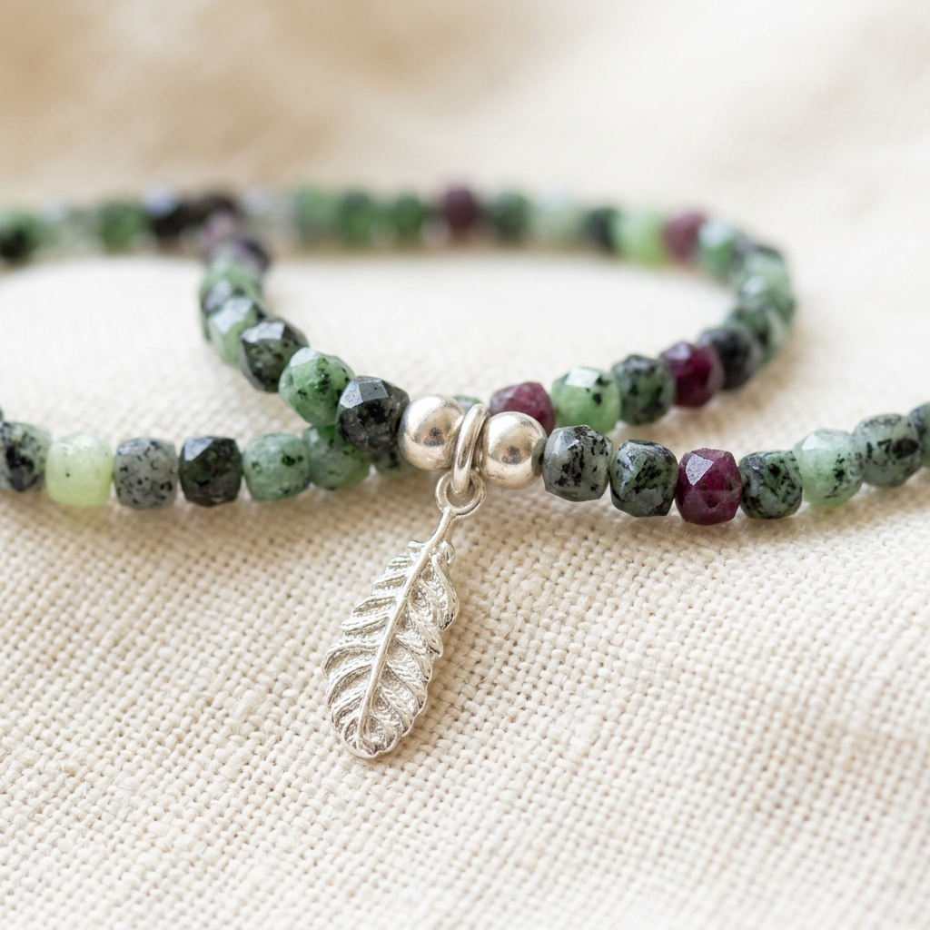 Sparkling Ruby Zoisite Stretch Bracelet with Leaf Charm