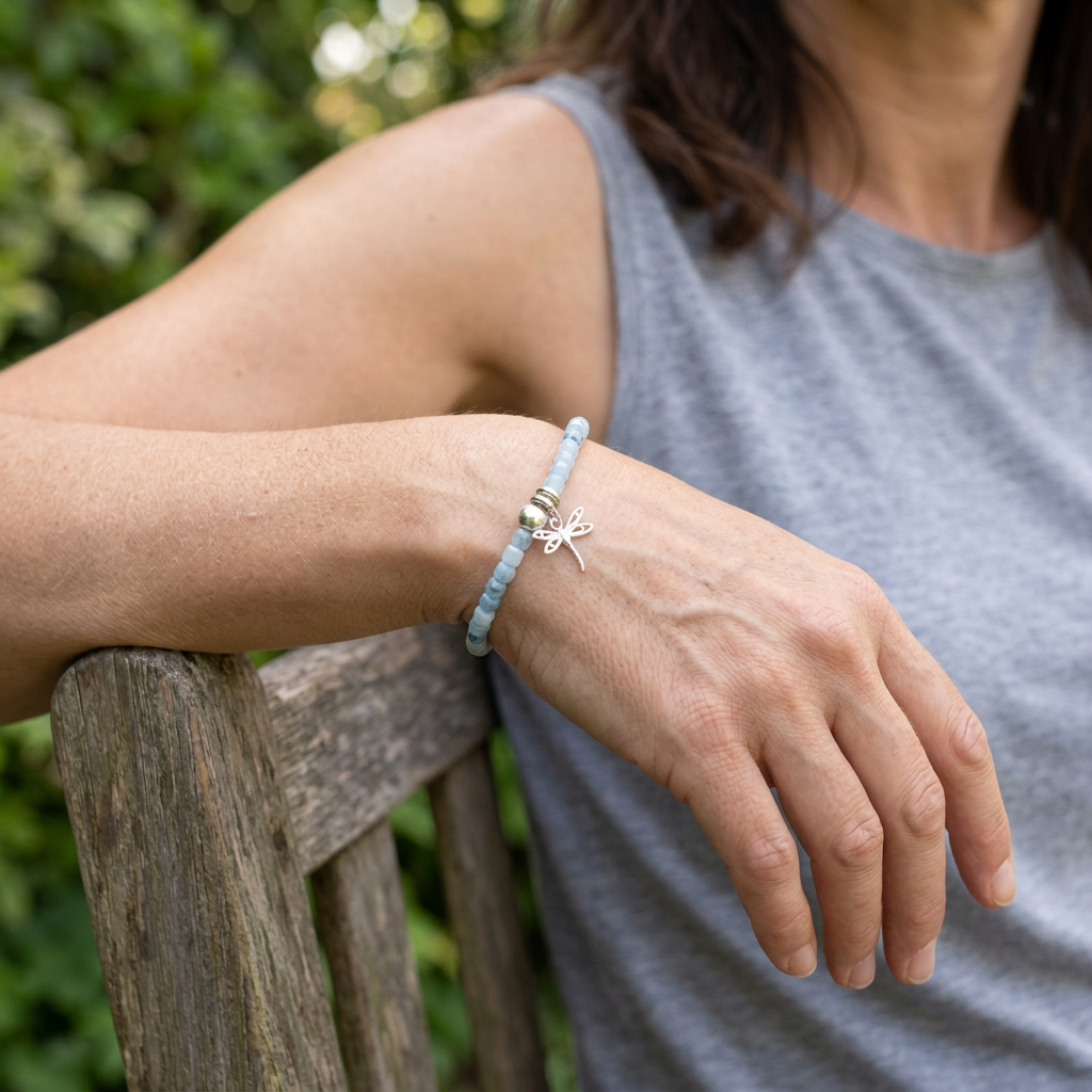 Sparkling Aquamarine Stretch Bracelet with Dragonfly Charm
