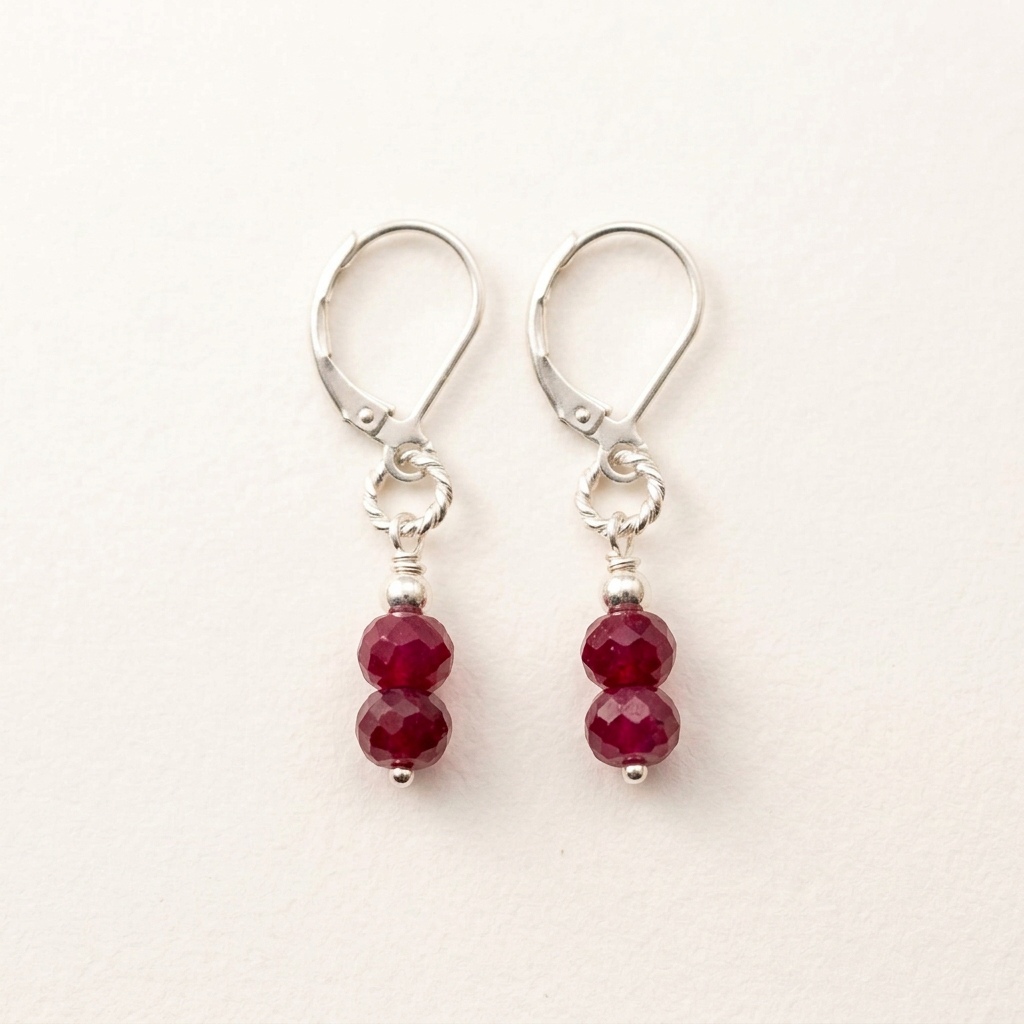 Faceted Ruby Bead & Silver Earrings
