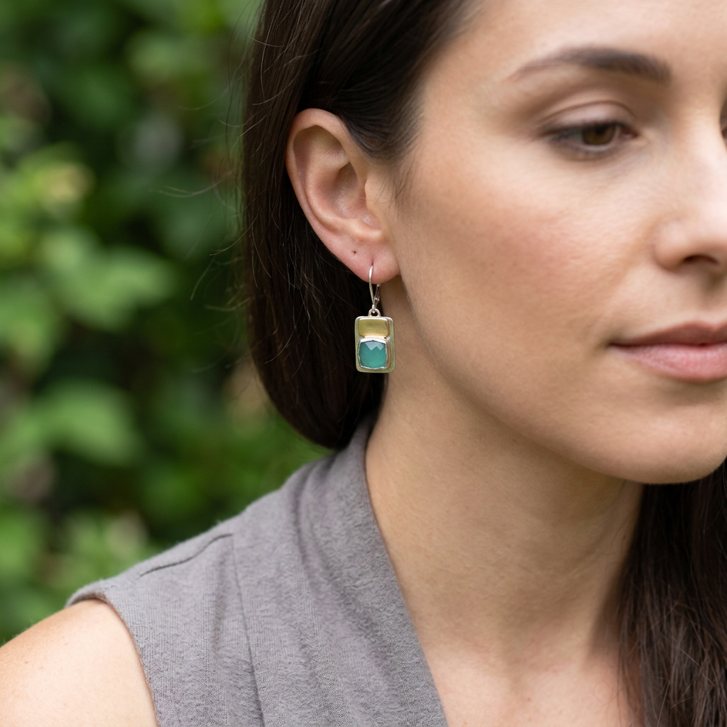 Two-Tone Chalcedony & Brass Earrings