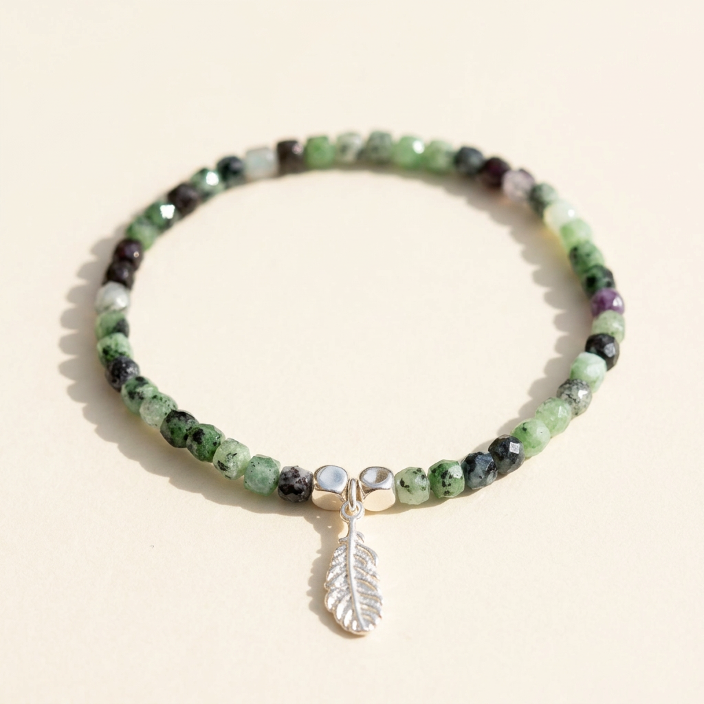 Sparkling Ruby Zoisite Stretch Bracelet – Leaf & Polished Accents