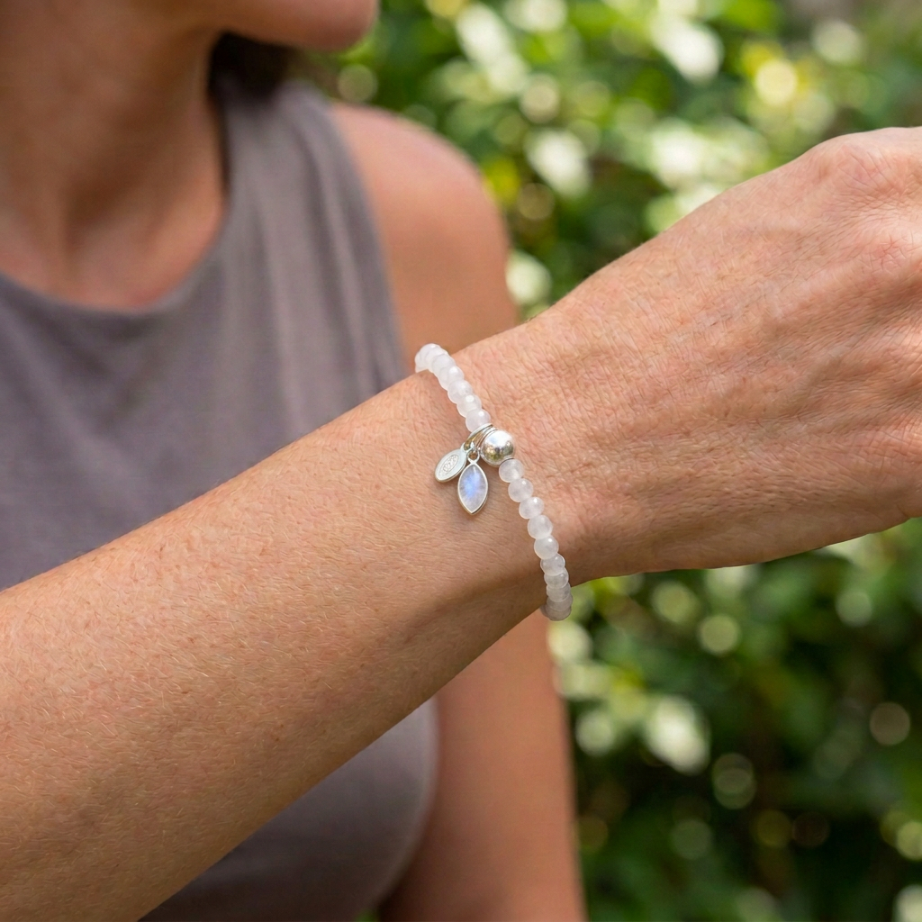Moonstone Stretch Bracelet with Sterling Silver Dangle