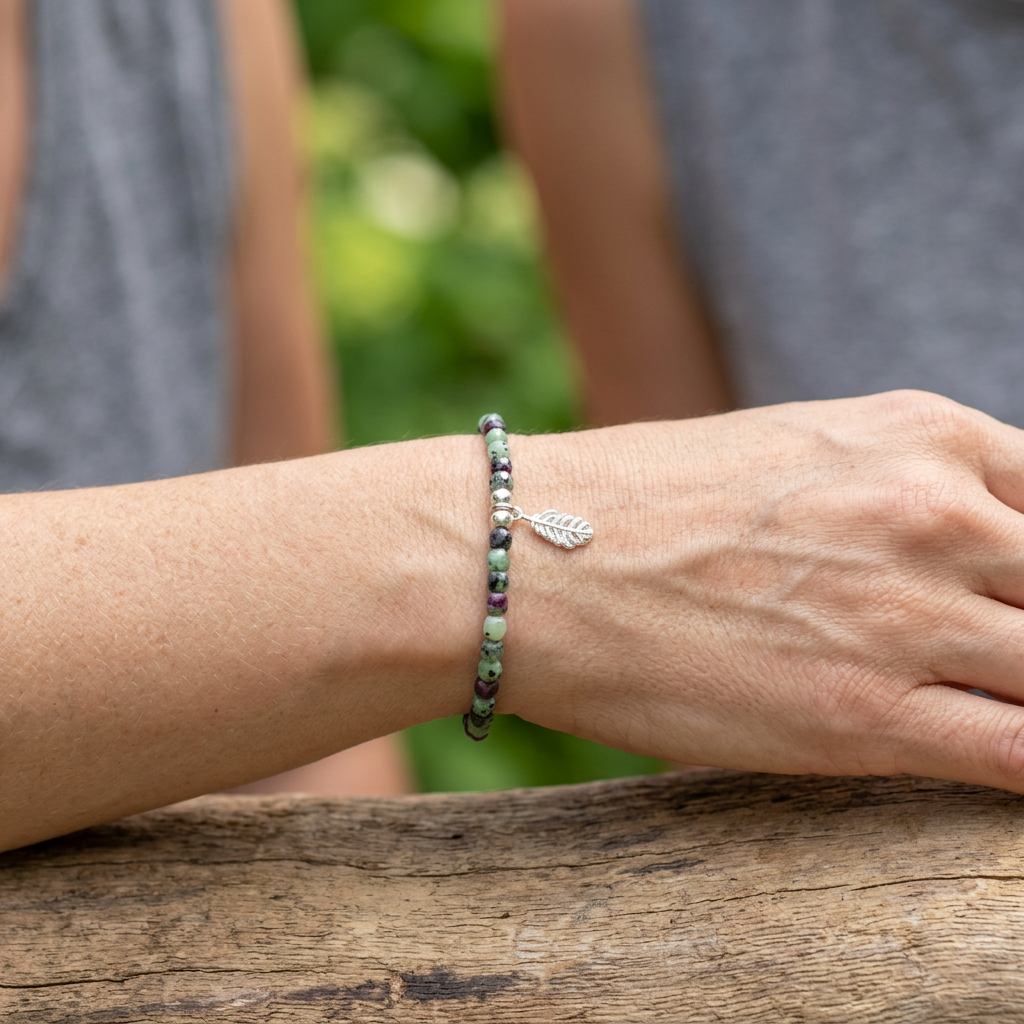 Sparkling Ruby Zoisite Stretch Bracelet with Leaf Charm