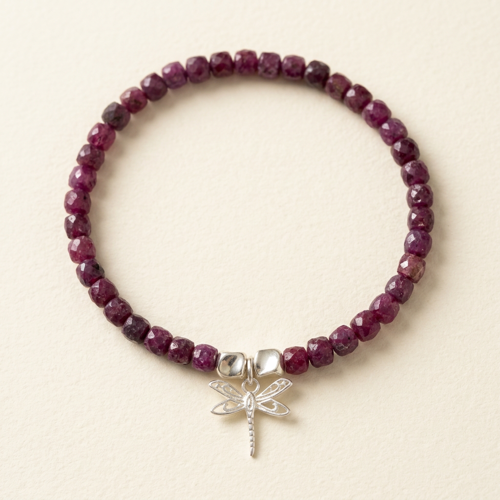 Ruby Stretch Bracelet with Dragonfly Charm