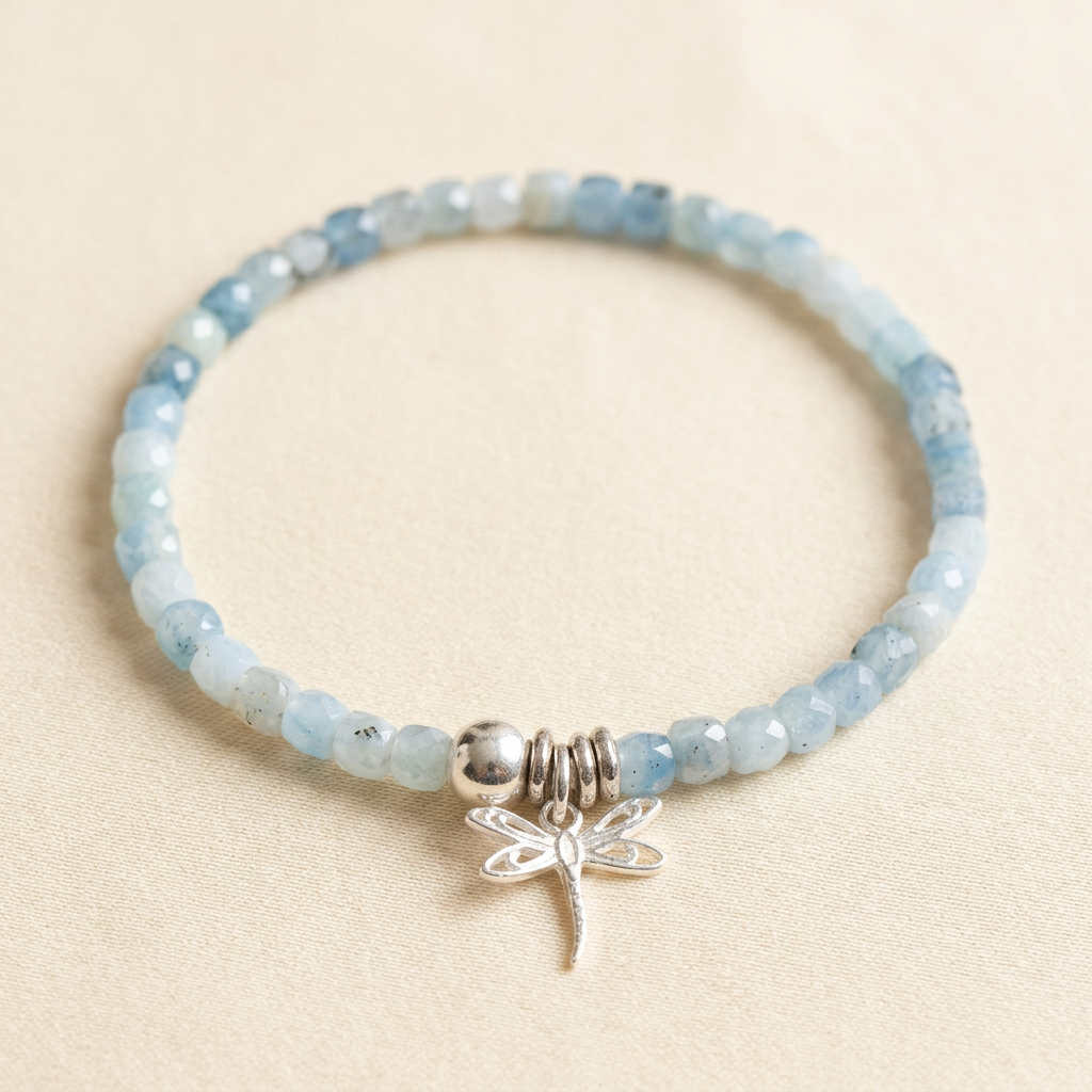 Sparkling Aquamarine Stretch Bracelet with Dragonfly Charm
