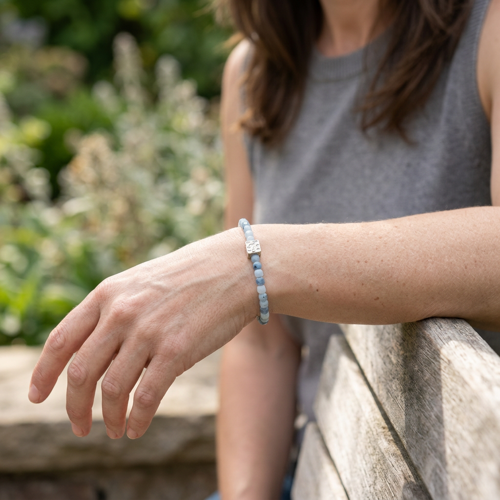 Sparkling Aquamarine Stretch Bracelet – Textured Square Accent