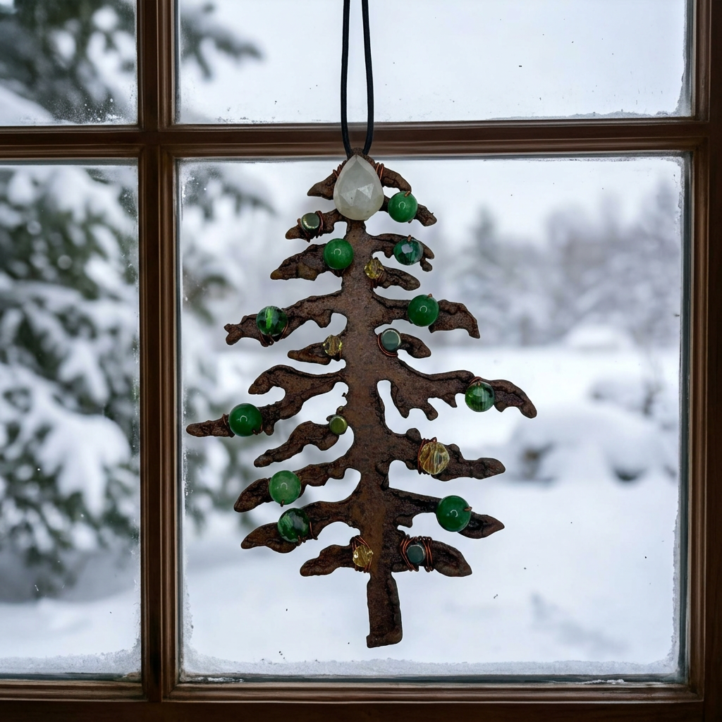 Green Gemstone Christmas Tree Ornament with  Chalcedony Topper