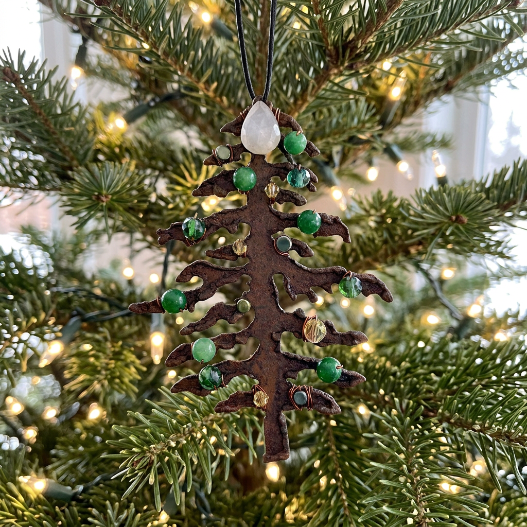 Green Gemstone Christmas Tree Ornament with  Chalcedony Topper