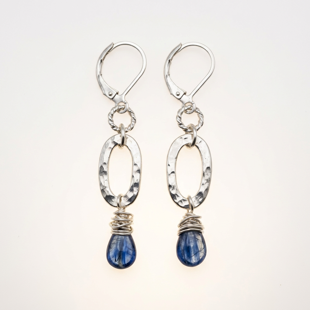 Deep Blue Kyanite & Hammered Silver Earrings