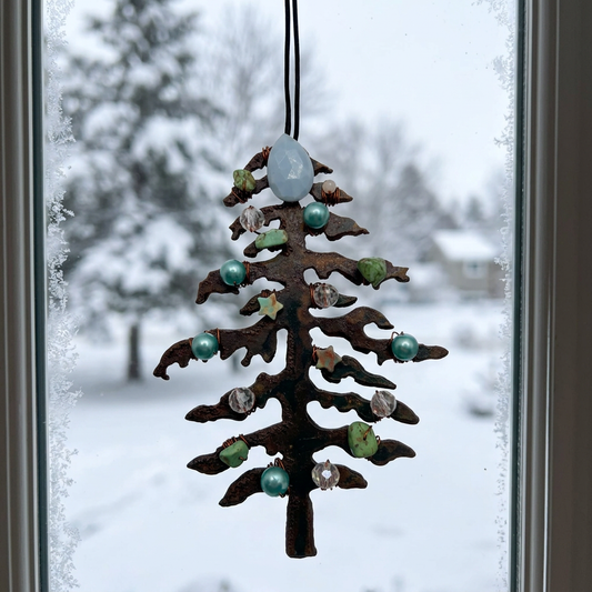 Teal & Star-Accented Gemstone Christmas Tree Ornament