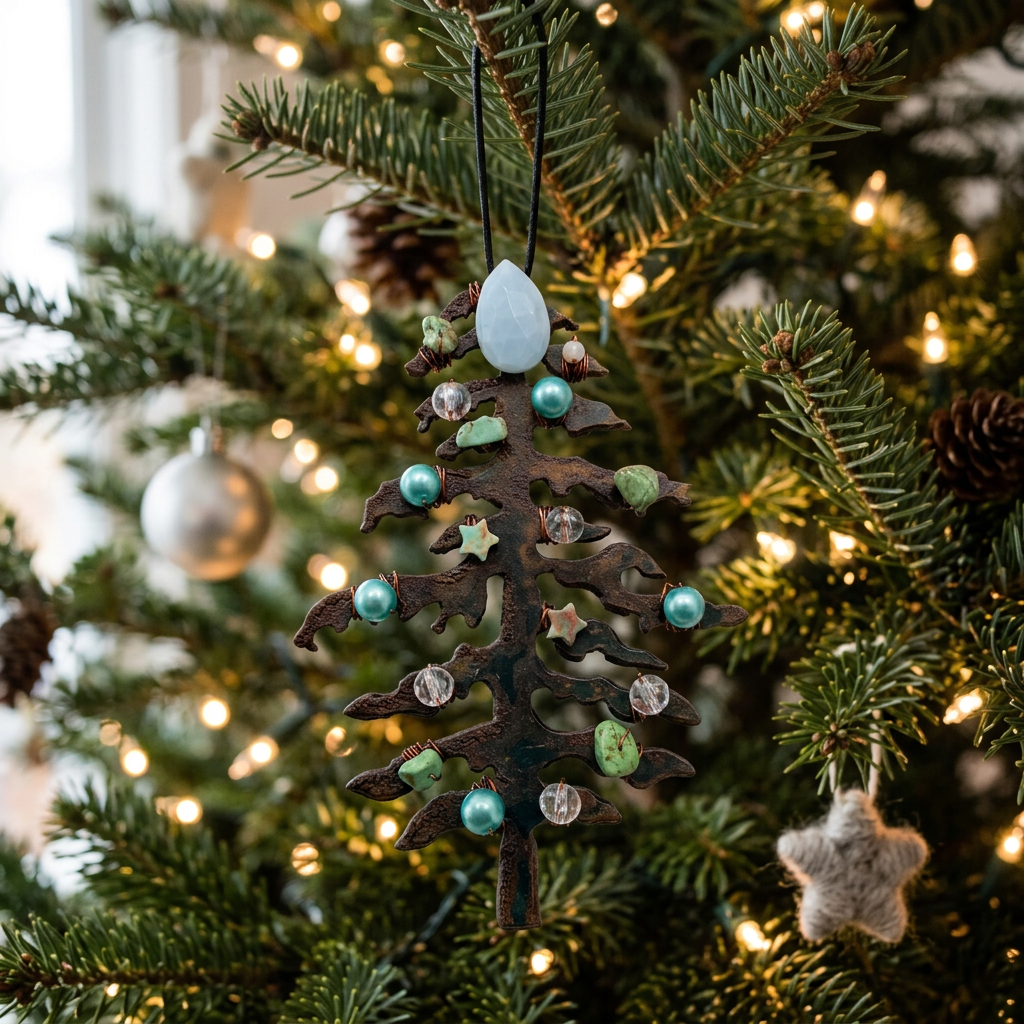Teal & Star-Accented Gemstone Christmas Tree Ornament
