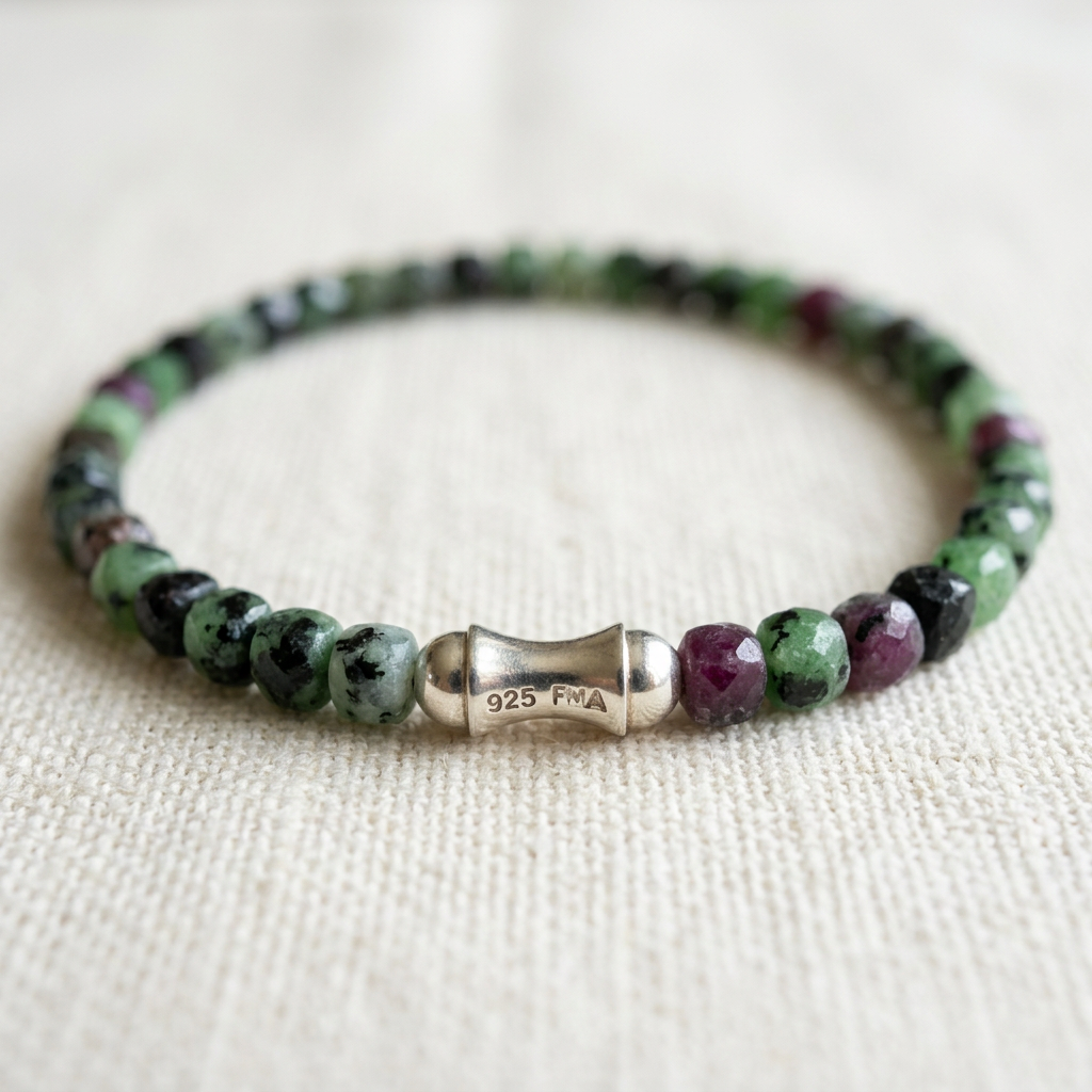Sparkling Ruby Zoisite Stretch Bracelet – Sculpted Silver Accents