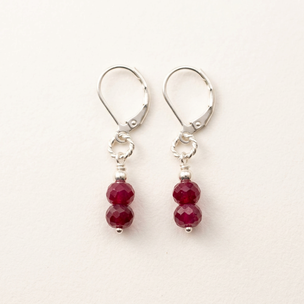 Faceted Ruby Bead & Silver Earrings