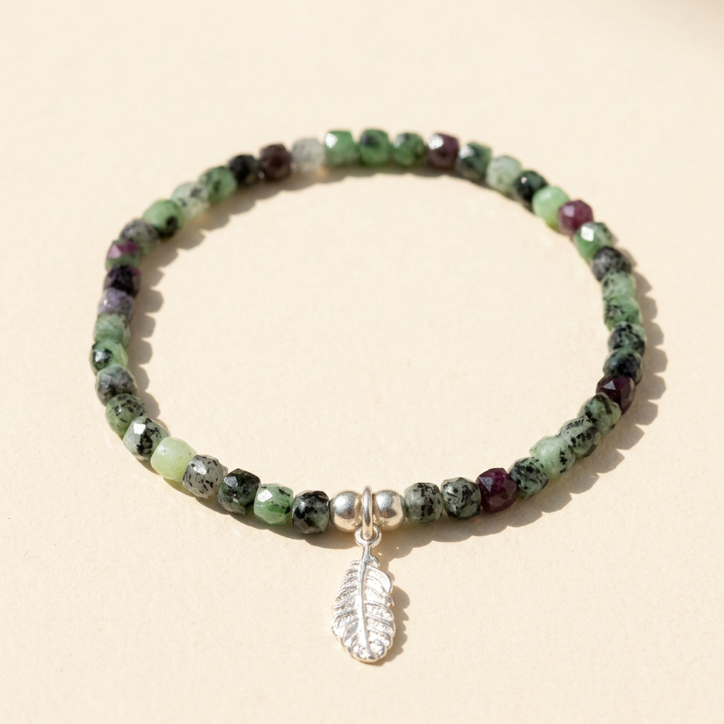 Sparkling Ruby Zoisite Stretch Bracelet with Leaf Charm