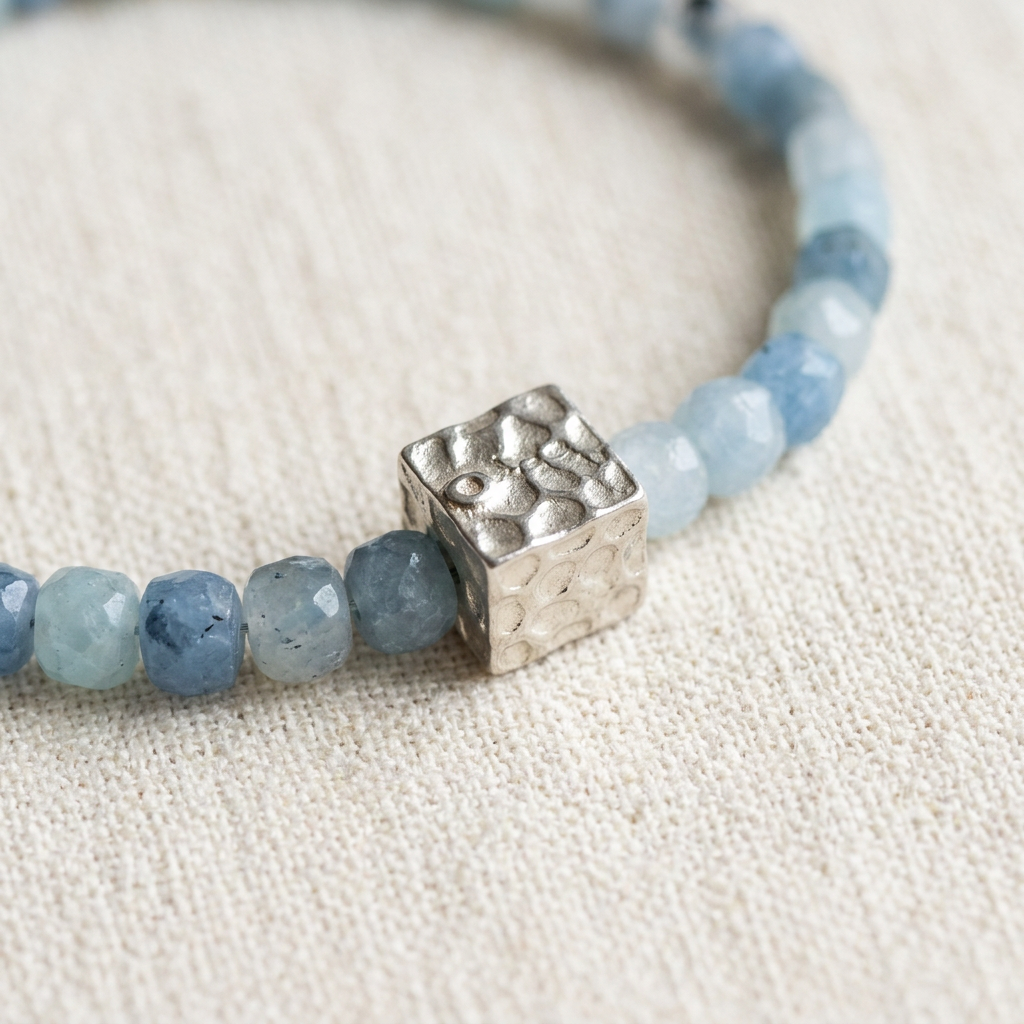 Sparkling Aquamarine Stretch Bracelet – Textured Square Accent
