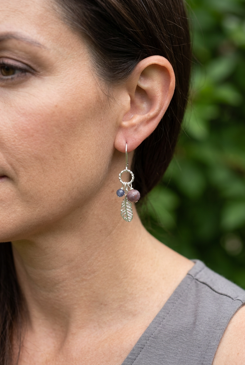 Tourmaline & Sapphire Silver Feather Drop Earrings