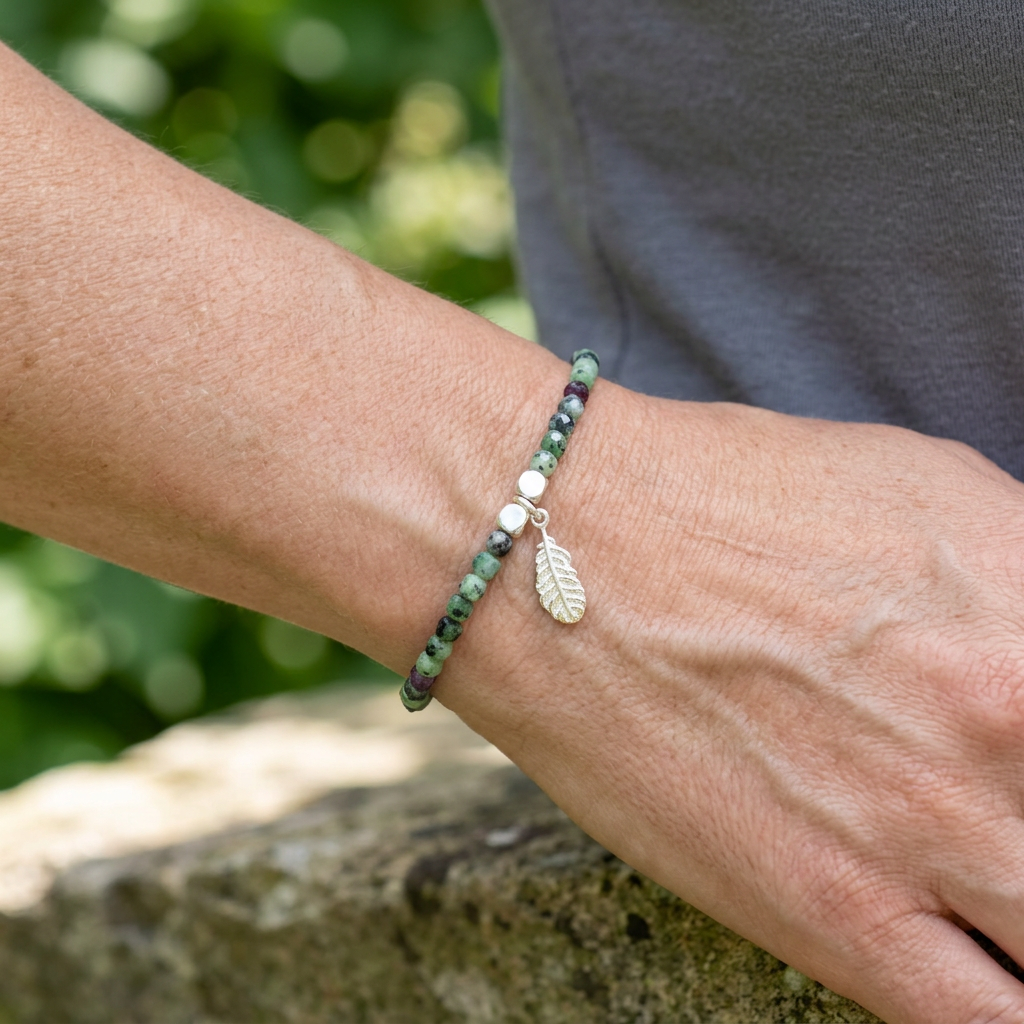 Sparkling Ruby Zoisite Stretch Bracelet – Leaf & Polished Accents