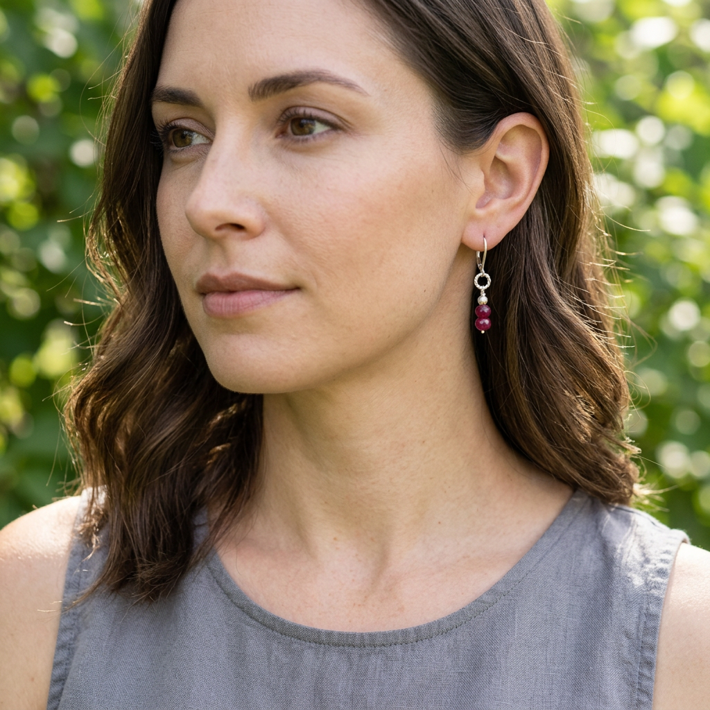 Faceted Ruby Bead & Silver Earrings
