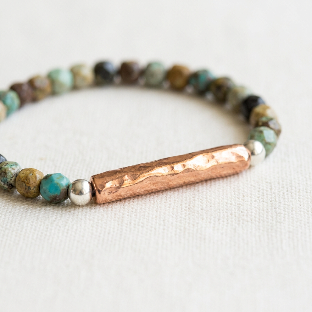Limited-Edition Turquoise & Brown Stretch Bracelet with Copper
