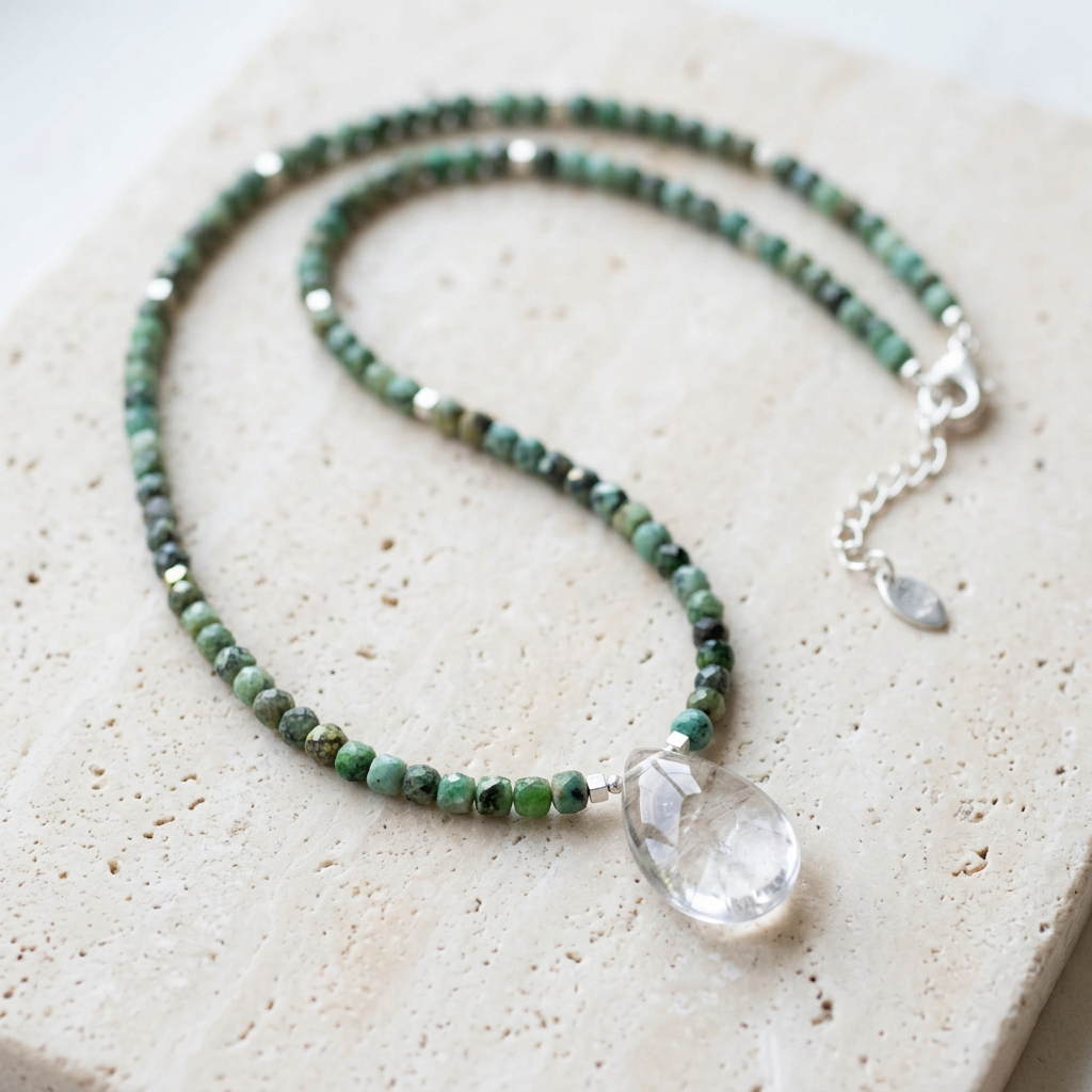 Faceted African Turquoise & Quartz Pendant Necklace.  One of a kind.