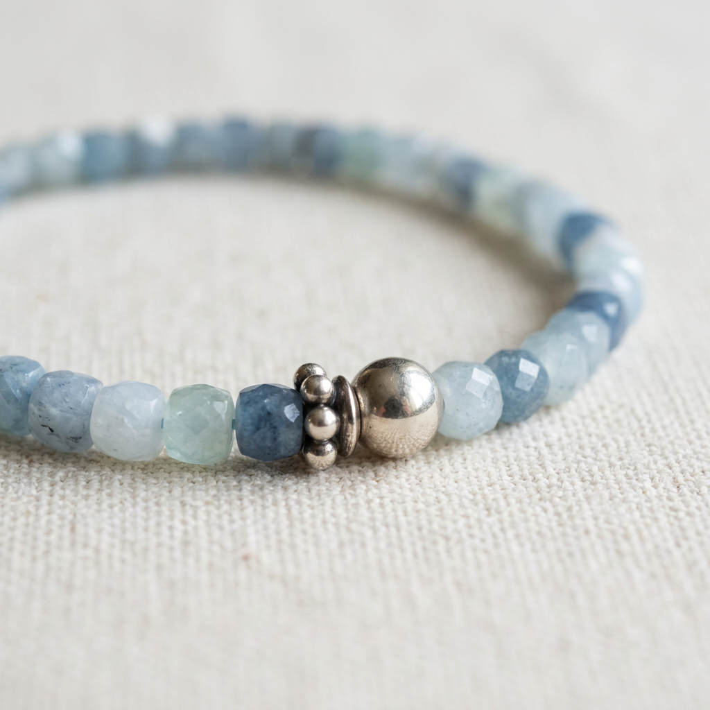 Sparkling Aquamarine Stretch Bracelet – Polished Silver Accent