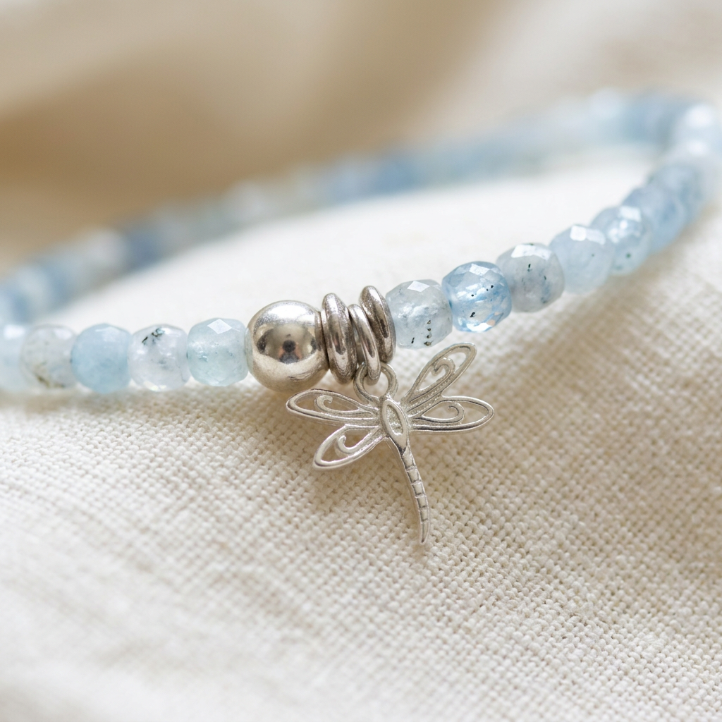 Sparkling Aquamarine Stretch Bracelet with Dragonfly Charm