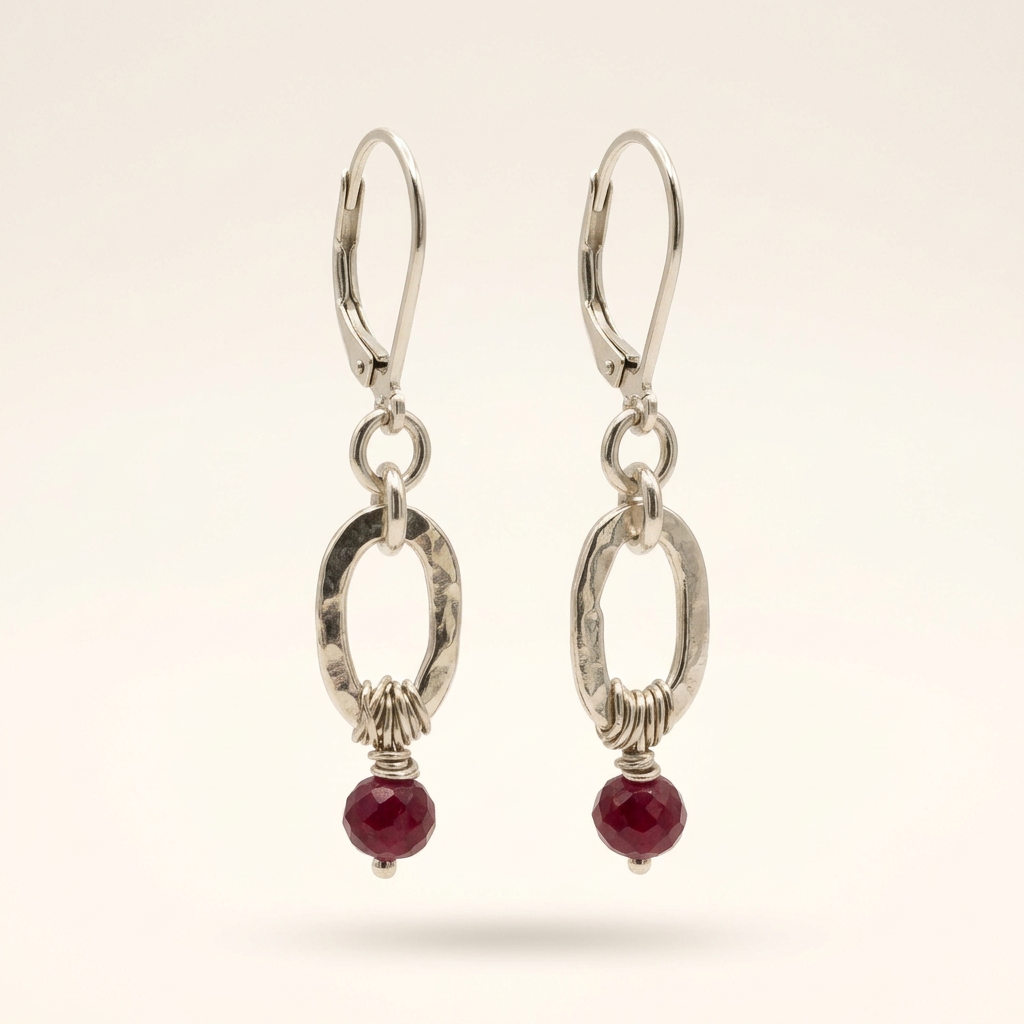 Hammered Silver Oval & Deep Red Ruby Earrings