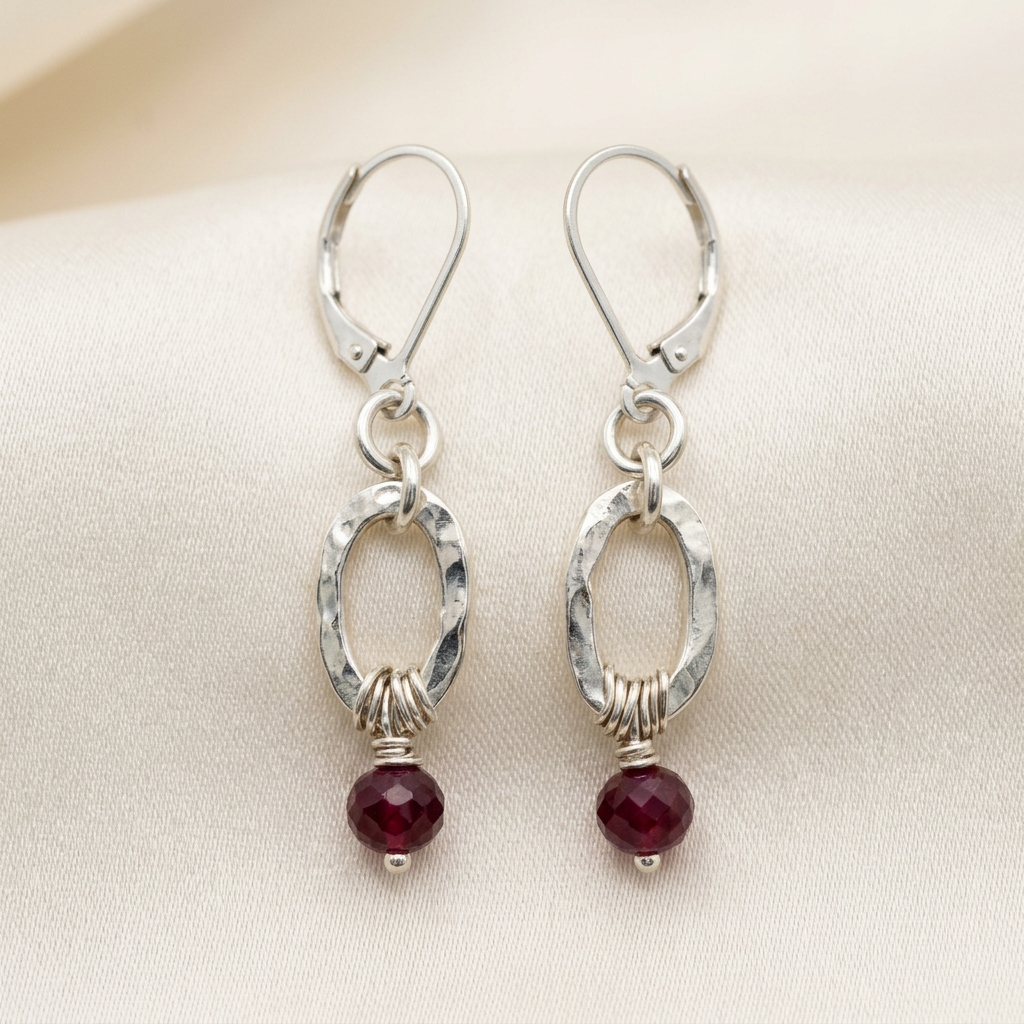 Hammered Silver Oval & Deep Red Ruby Earrings
