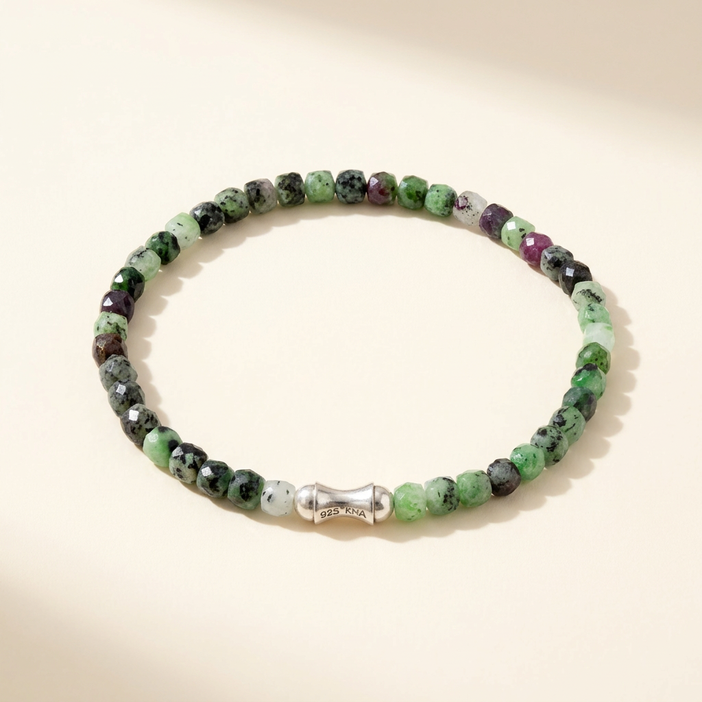 Sparkling Ruby Zoisite Stretch Bracelet – Sculpted Silver Accents