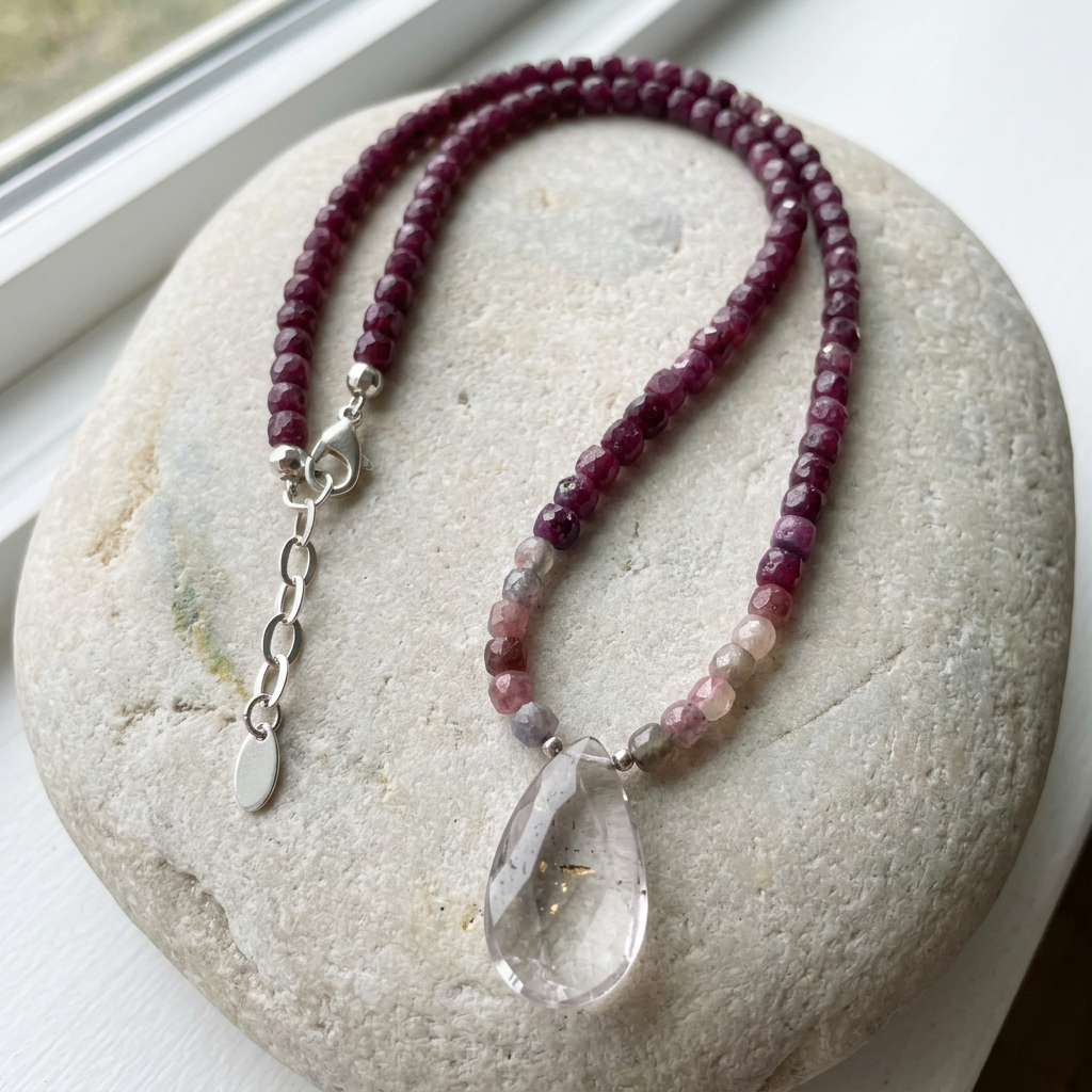 Ruby & Pink Tourmaline Quartz Pendant Necklace