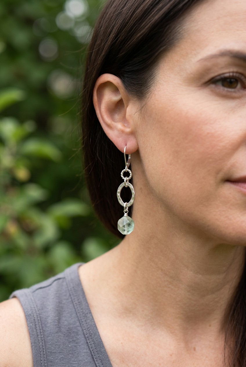 Model wearing fluorite earrings