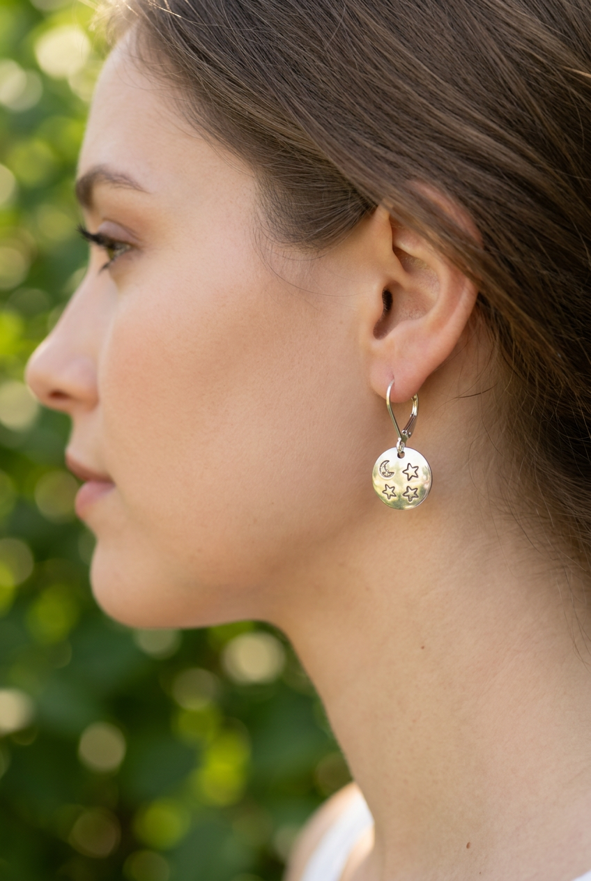 Model wearing the moon and star earrings with closed leverback fittings
